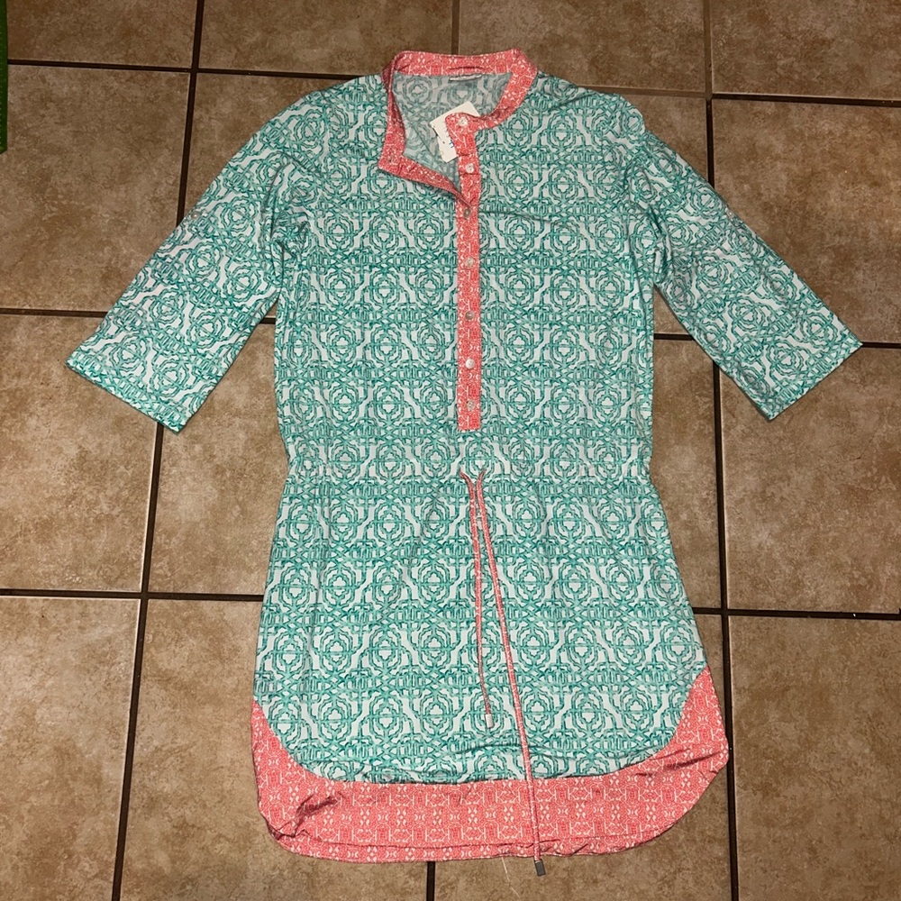 Cabana Life aqua and coral pink print dress NWT